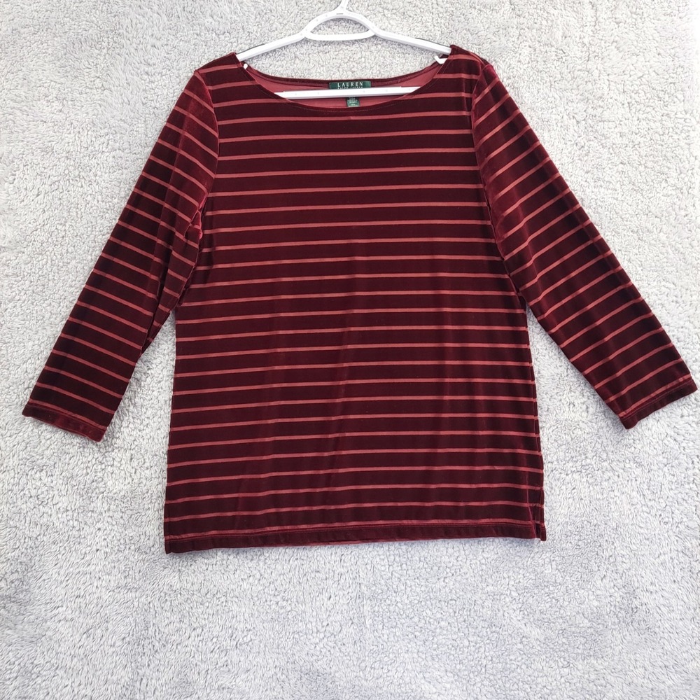 Lauren‎ Ralph Lauren Women's Top XL Red Burgundy Striped Velvet Shirt Stretch